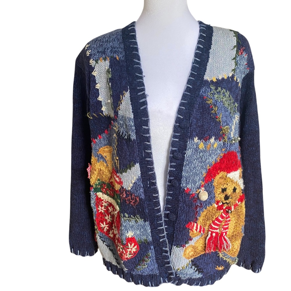 Tiara Petites Vintage 1999 Christmas Teddy Bear Cardigan Navy Blue‎ PM Holiday